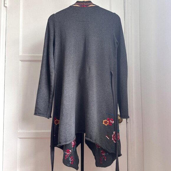 JOHNNY WAS Los Angeles Size XS Embroidered Draped Cardigan Floral Birds Gray - Picture 2 of 12